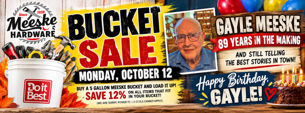 Meeske Hardware Bucket Sale Birthday Banner